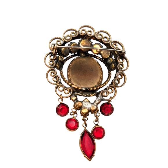 Vintage Possibly Unsigned Hobe Red Rhinestone Dangles Brooch - Picture 3 of 5